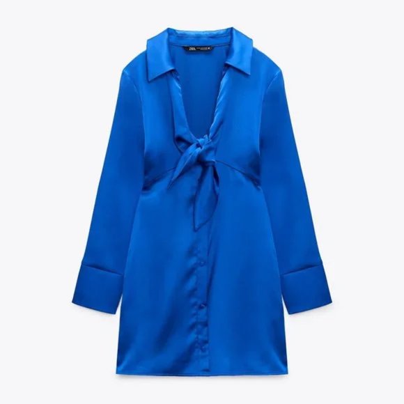 Zara Blue Mini Dress Long Sleeve Notched Collar - Picture 3 of 8
